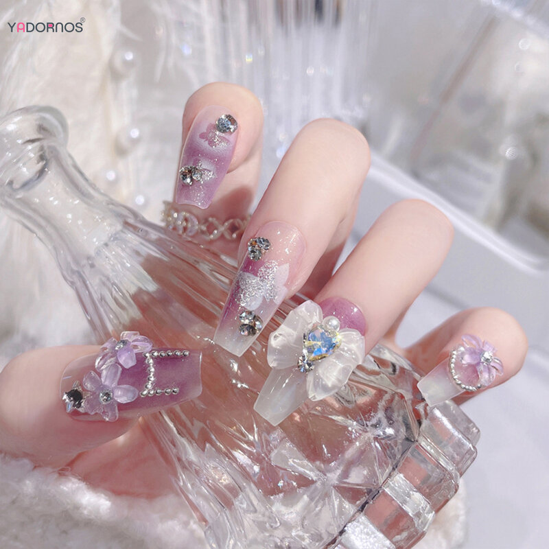 Румяна, пурпурные накладные ногти, Длинные накладные ногти балерины, 3D Цветочный бант, дизайнерские блестящие накладные ногти с блестками, накладные ногти для женщин