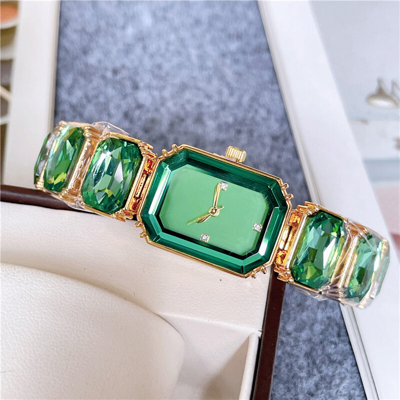 Jam tangan merek Fashion jam tangan wanita gadis cantik persegi panjang warna-warni desain permata jam gelang logam baja S72