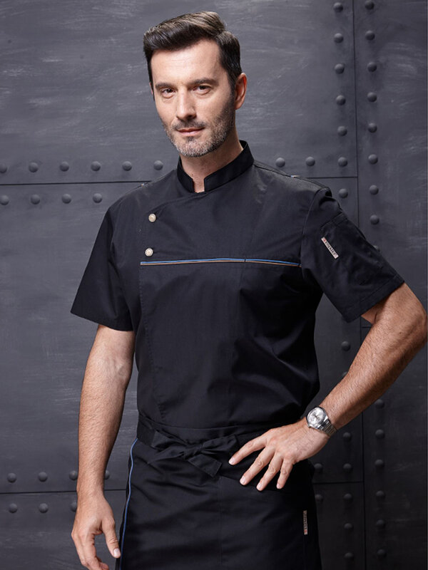 Uniforme da cuoco maschile di alta qualità ristorante manica corta abbigliamento da lavoro giacca da cucina per Hotel caffetteria camicia da cuoco Overalles traspiranti