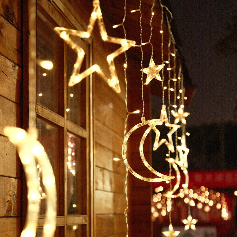 Guirxiété lumineuse solaire à LED pour Noël, lune et étoile, décoration extérieure pour la maison, lampe de rideau de mariage, décor de vacances