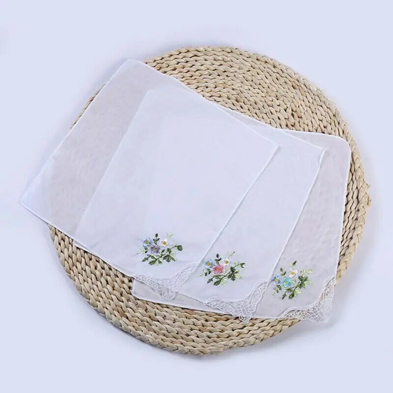 F42F 5 peças lenços femininos de algodão bordados florais para bolso de renda borboleta