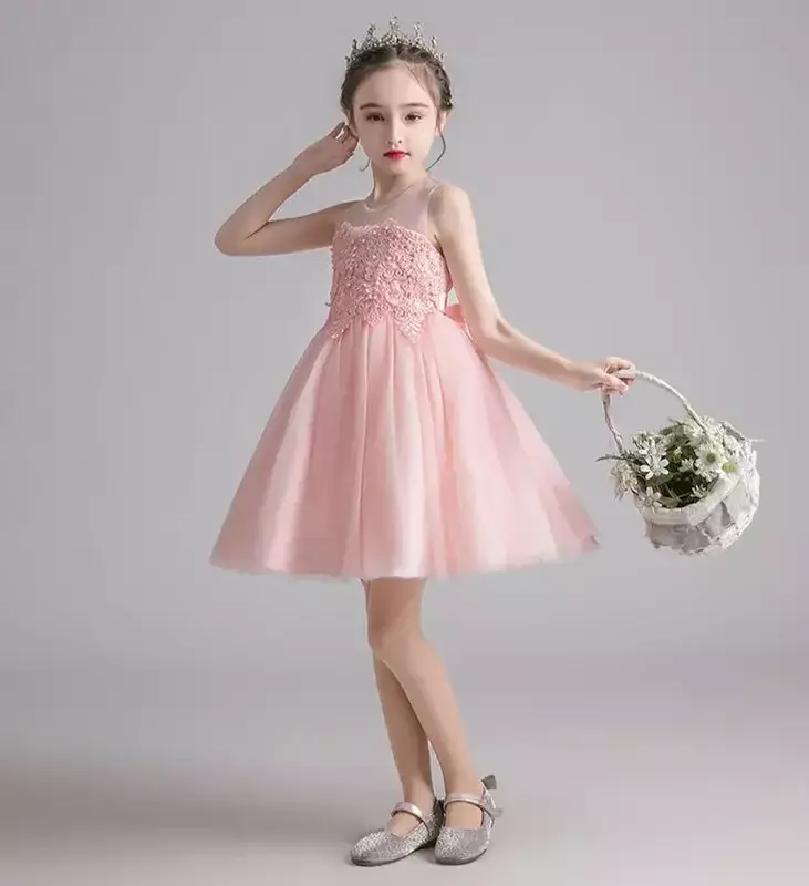 Girls' Dress 2024 Summer New Flower Girl Princess Dress Mesh Fluffy Children's Festival Performance Dress