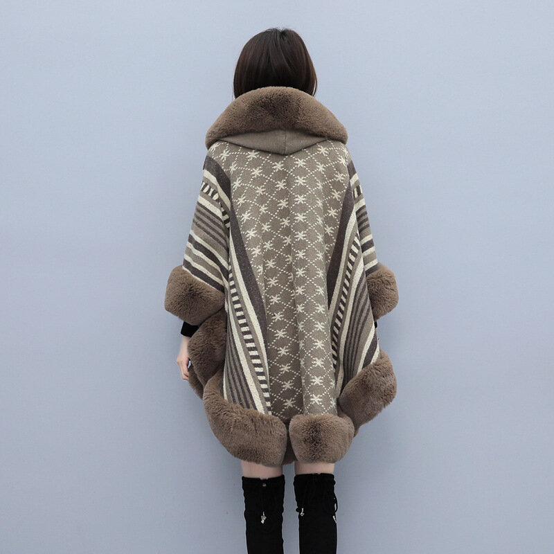 Женская шерстяная накидка средней длины, винтажная теплая верхняя одежда с капюшоном из искусственного меха, зима 2023