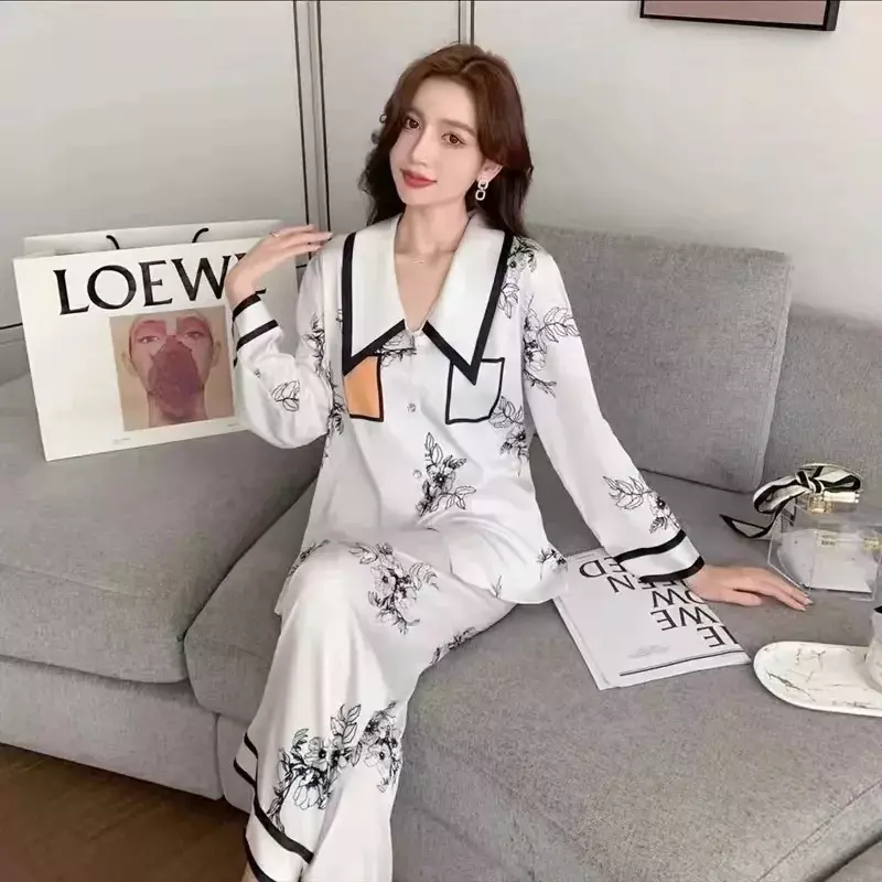 760201Ink painting pajamas high-end spring and autumn women's new ice silk fashion casual thin homewear suit