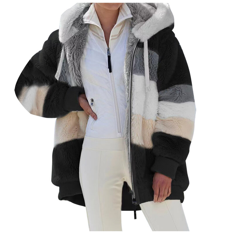 Pocket Hooded Loose Coat Women Autumn/Winter Warm Plush Zip