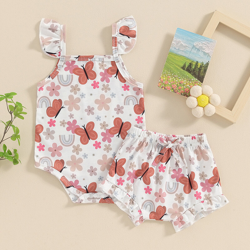 유아 여아 여름 의상, 민소매 수박 꽃 프린트 스트랩 롬퍼 및 반바지 세트, 2 개