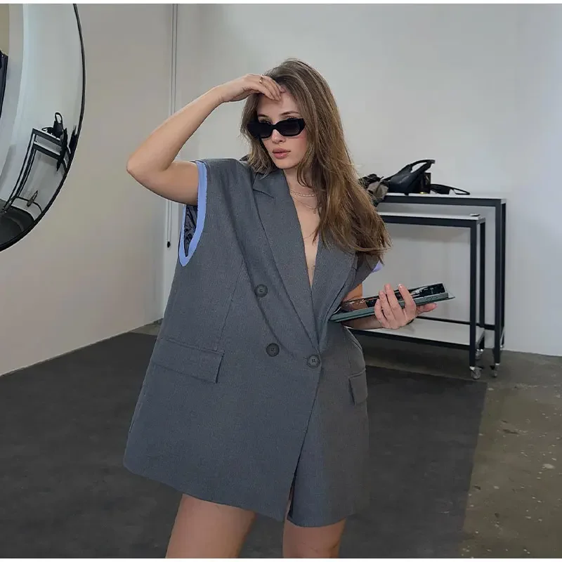 Women's new fashion flip decoration loose double breasted contrasting vest style mini dress retro backless women's dress Mujer