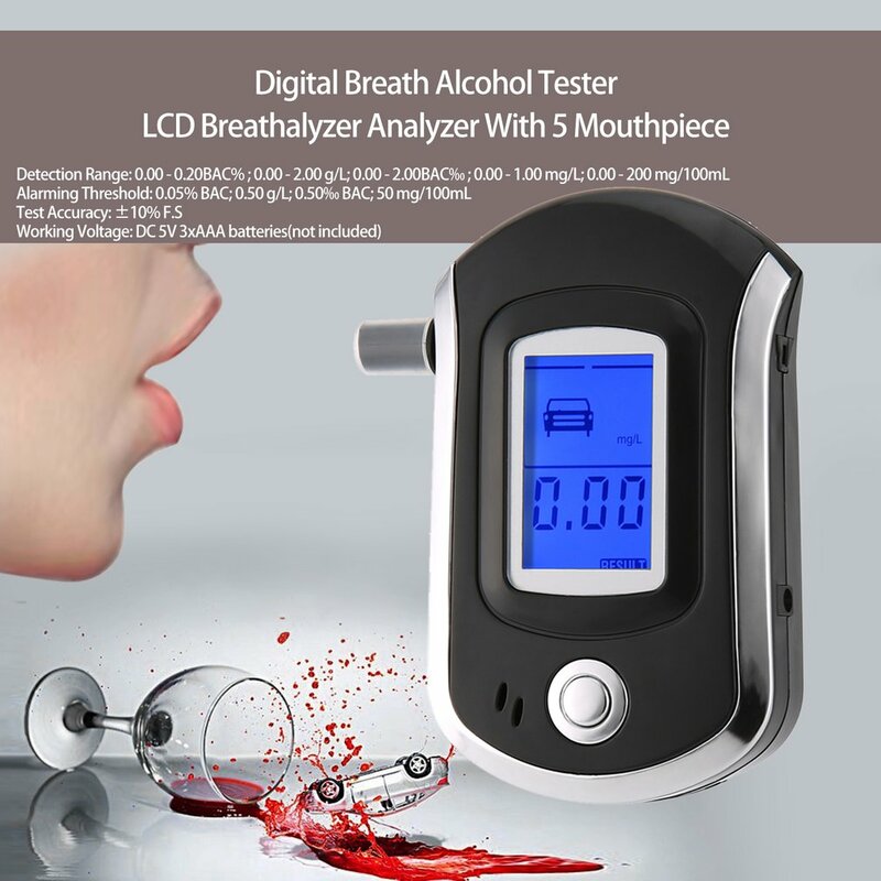 New Digital Breath Alcohol Tester LCD Professional Breathalyzer Analyzer Detector Test Portable Alcohol Meter With 5 Mouthpiece