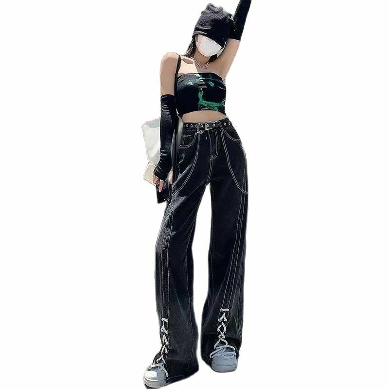 Женские винтажные джинсы на шнуровке, черные прямые свободные брюки с широкими штанинами, модель Y2K в американском стиле, 2023