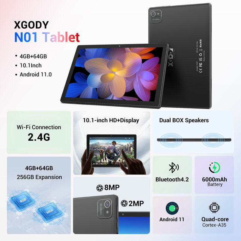 XGODY-Tableta Andoird de 10 pulgadas para niños, Tablet educativa de estudio, 4GB de RAM, 64GB de ROM, PC tipo C, con bonita funda protectora