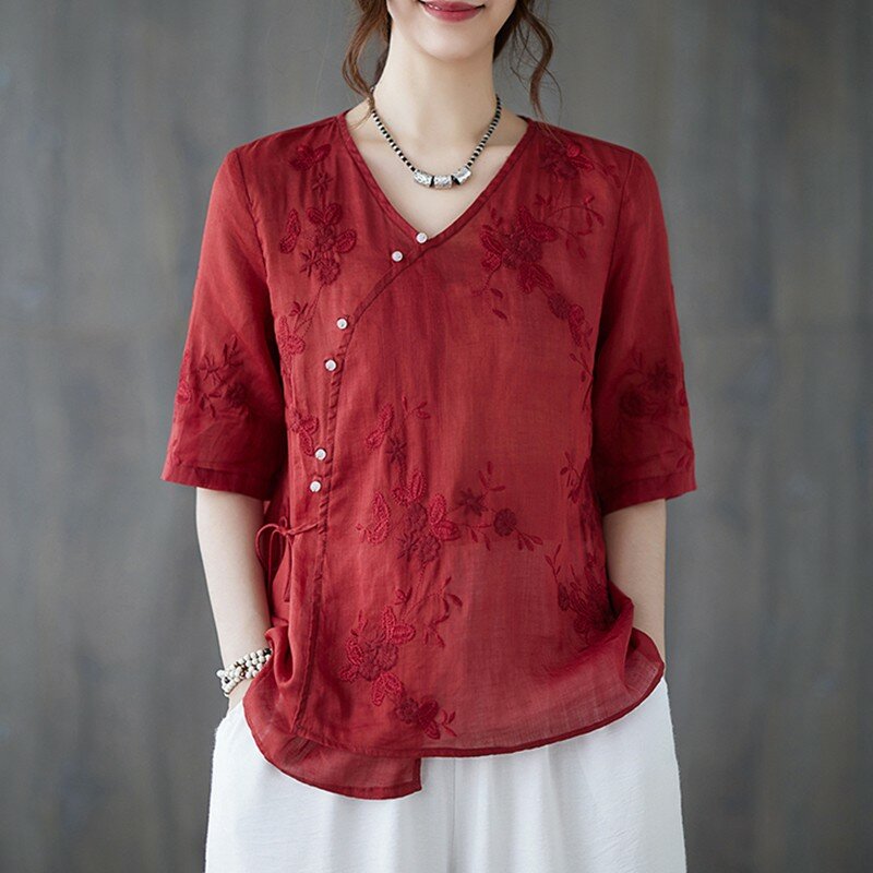 여성 캐주얼 꽃 자수 셔츠, 중국 스타일, 루즈한 여성 반팔 상의 셔츠, W1833, 2024 여름 신상