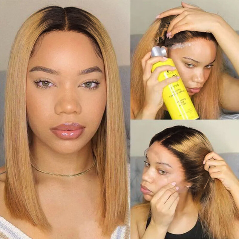 Honey Blonde Wig Straight Bob Wig 13*4 Ombre Human Hair Wigs Brazilian Remy Hair Tow Tone Wig For Women Deep Part With Baby Hair
