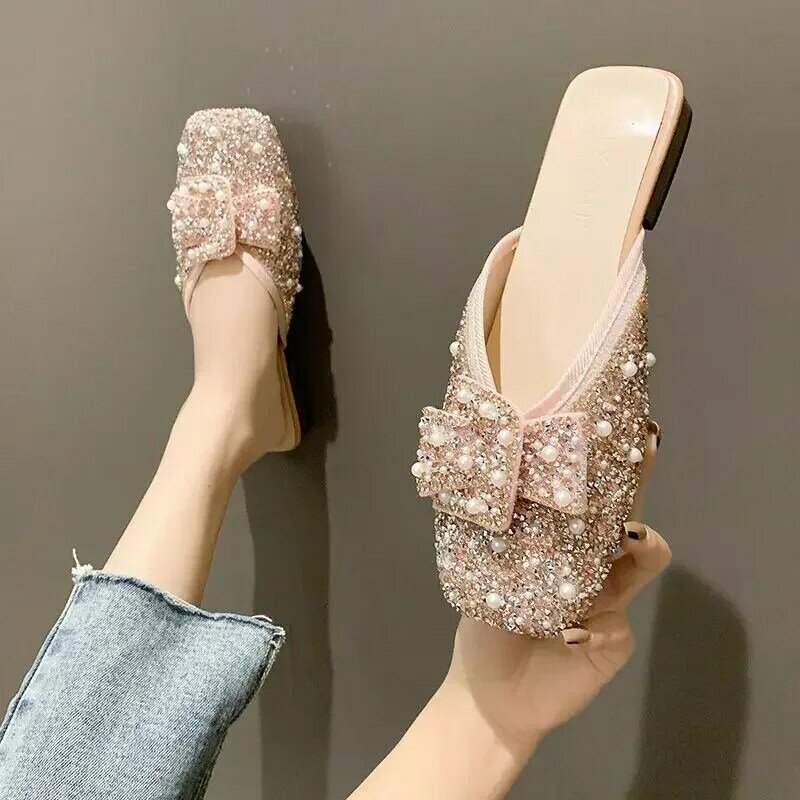 Zapatillas de exterior para mujer, zapatos de playa con cristales rosas, punta redonda, joyas planas de pez, sandalias de piedra renisca, antideslizantes