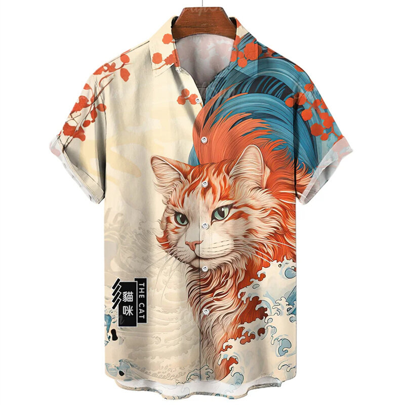 3D 동물 고양이 프린트 반팔 하와이안 셔츠, 여름 해변 꽃무늬 라펠 셔츠, 남성 스트리트웨어 상의, 블라우스 의류
