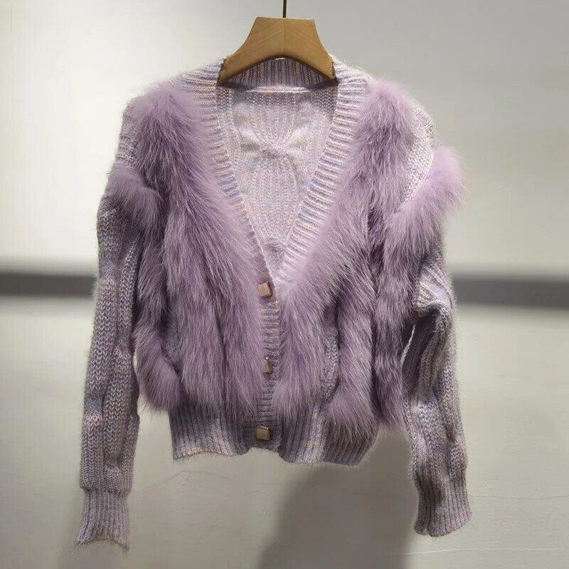 여성용 짧은 니트 가디건 스웨터, 진짜 여우 모피, 긴 소매, 따뜻한 가을 캐주얼, 진짜 모피 코트, 여성 스웨터 재킷