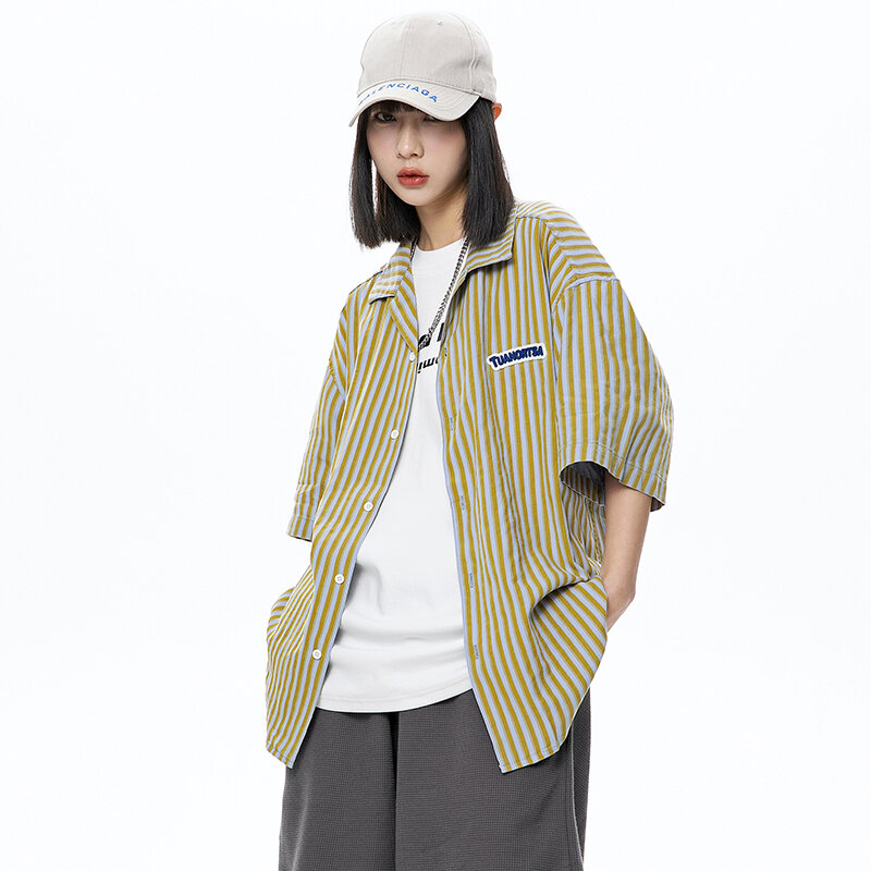 Tawaaiw Streetwear gestreiftes Button-up-Hemd Frauen Kleidung Kurzarm koreanische Mode Turn-Down-Kragen Sommer Tops lässige Bluse