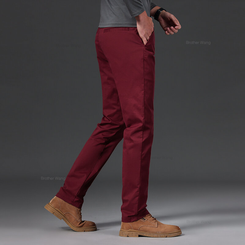 กางเกงผ้าฝ้ายลำลอง9สีสำหรับผู้ชายกางเกงเอวยางยืดทรงตรงเข้ารูปกางเกงแนวธุรกิจมีแบรนด์สำหรับผู้ชาย