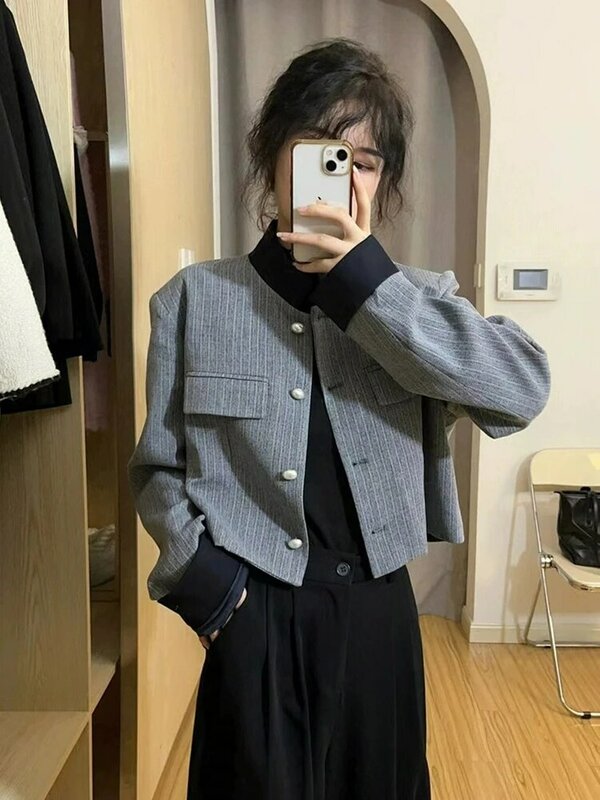 UNXX 여성용 빈티지 트위드 재킷, 패치워크 크롭 숏 코트, 한국 우아한 싱글 브레스트 블레이저, 캐주얼 올매치 아우터 상의
