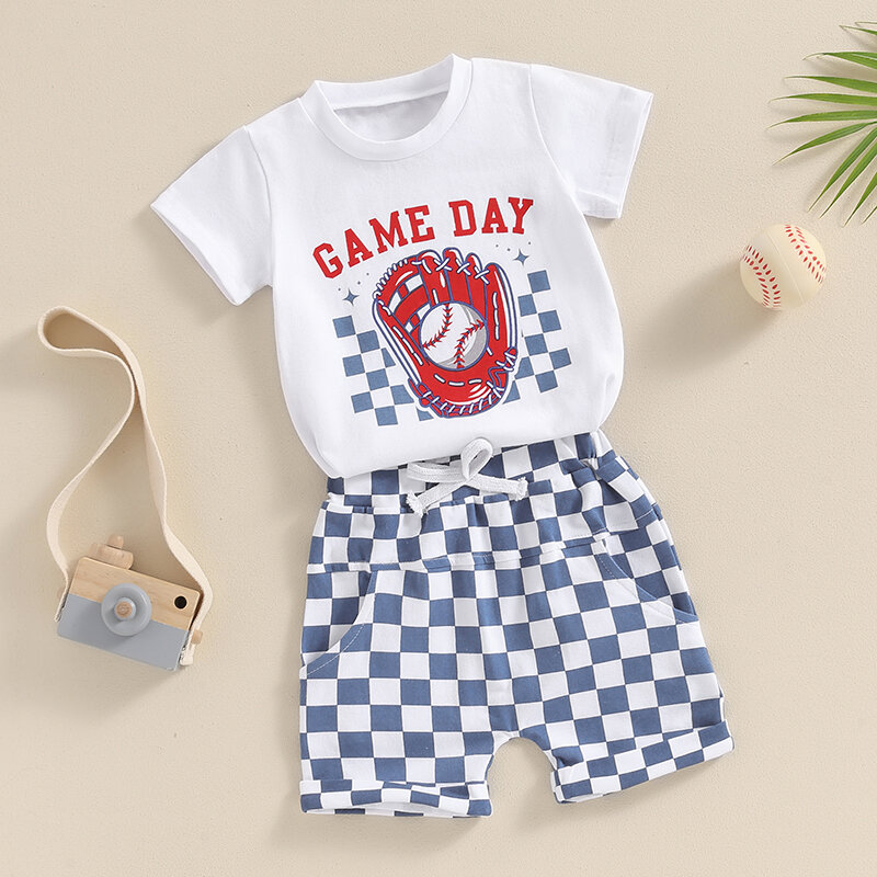Maluch Baby Boy strój na lato bejsbolówka z okrągłym dekoltem krótki rękaw topy szachownica zestaw szortów