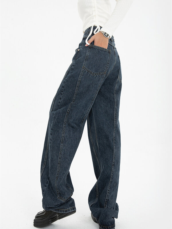 Celana panjang jeans y2k untuk wanita, celana panjang denim kaki lebar longgar lurus retro pinggang tinggi mode Amerika biru tua untuk wanita