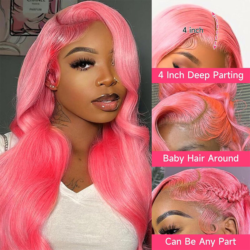 Perruque Lace Front Wig Body Wave Naturelle, Cheveux Humains, Couleur Rose, 13x4, HD, Baby Hair