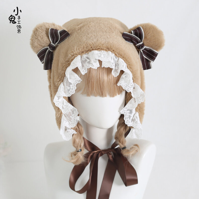Gorro con orejas de oso de encaje lolita, orejeras con lazo, sombrero marrón esponjoso en invierno