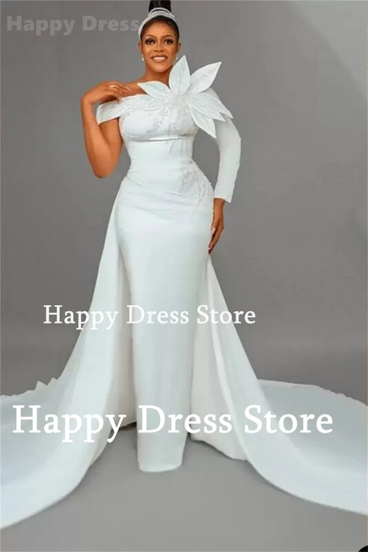 White Wedding Dress One Shoulder Wedding Party Dress Beads Appliques Special Evening Dress Detachable Train Dress Bridal Gown