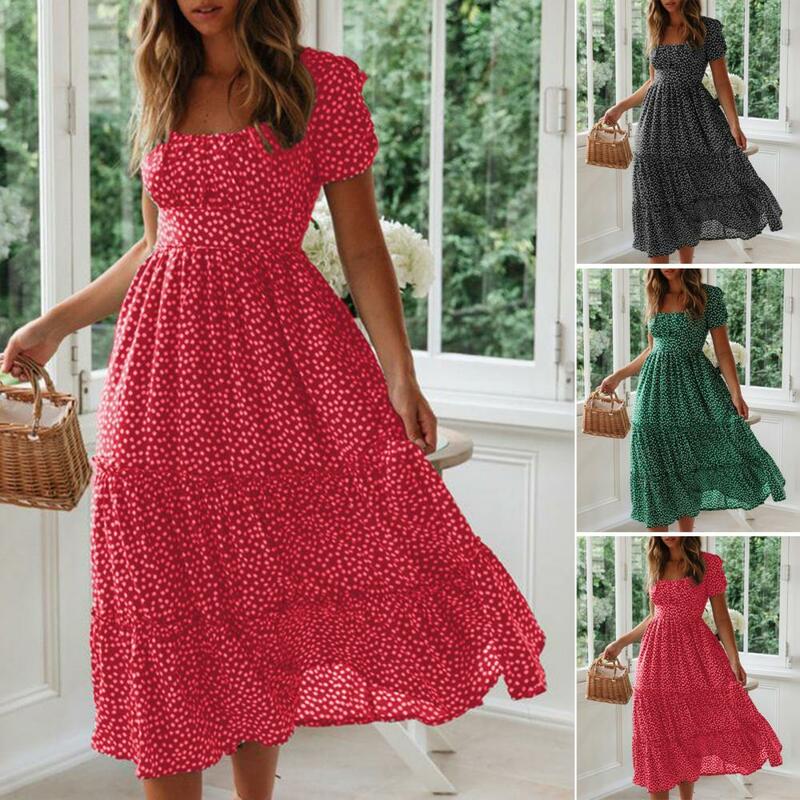 Women High-rise Waist Dress Floral Patchwork A-line Midi Dress With Bubble Sleeves Square Neck Women's Flowy Hem For Dating