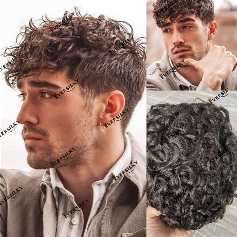 Full Skin Base 20mm Curly Human Hair Men's Toupee Durable Prosthesis System Black/Brown Hair Piece 130 Density Natural Frontline