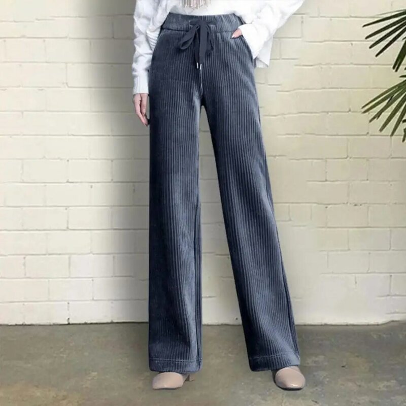 Women Pants Drawstring Elastic High Waist Wide Leg Loose Straight Solid Color Thick Plush Warm Pockets Soft Lady Long Trousers S