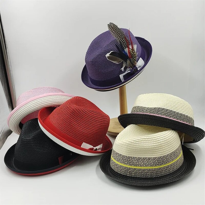 2023 Fashion Vintage bulu Curled pinggiran topi jerami mewah Jazz pita Panama topi jerami pria Fedora topi jerami