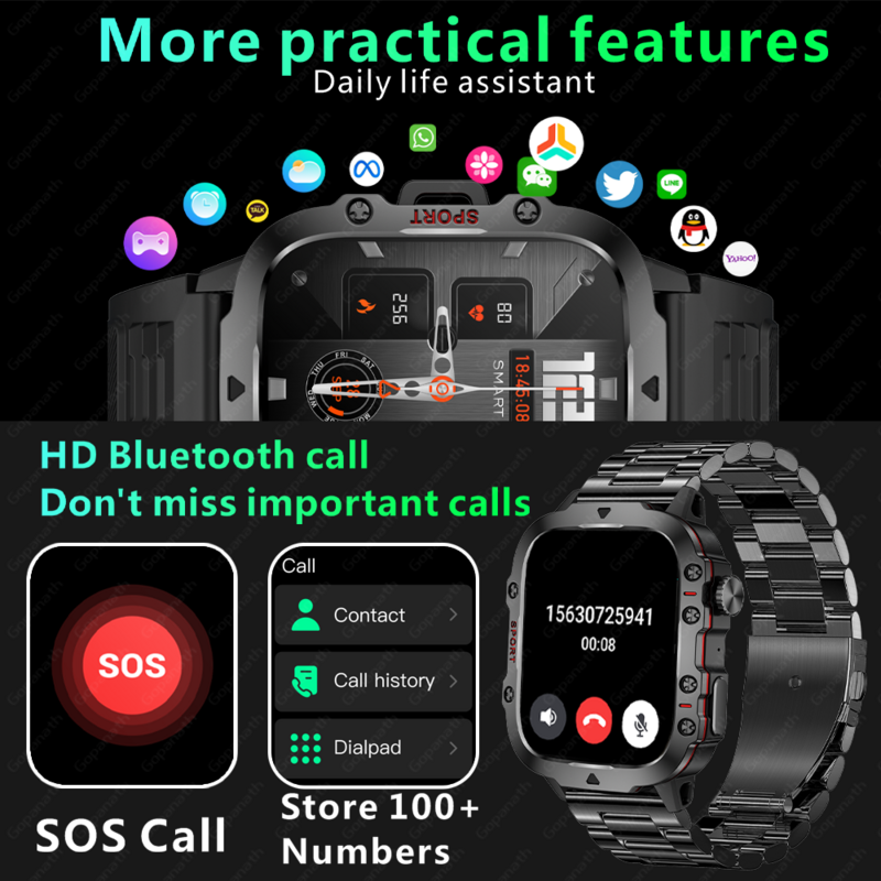 New Rugged Military Black Smart Watch Men For Android Xiaomi Ios 3ATM Waterproof Sport Fitness Ai Voice Smartwatch Outdoor 2024