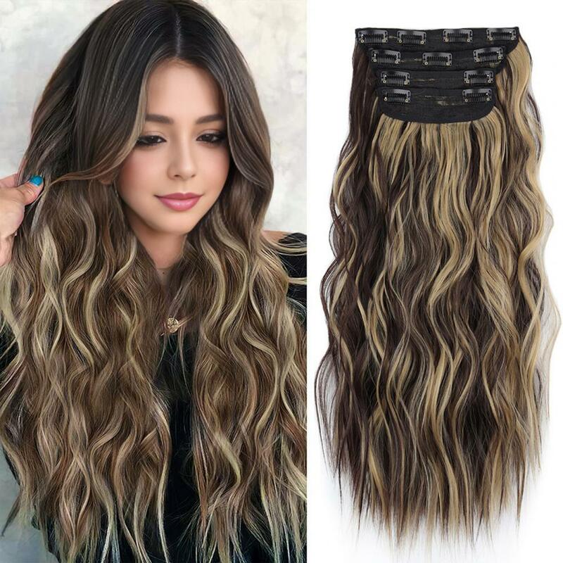 55cm Women Clip-in Hair Extension Wigs Natural Looking Long Curly Synthetic Hairpiece High Temperature Wire Wavy Hair Accessory