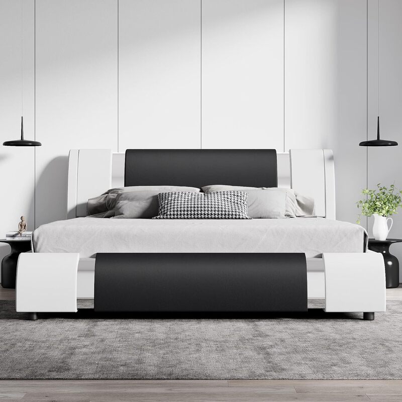 SHA CERLIN-Marco de cama King de piel sintética con cabecero ajustable y detalles de hierro, libre de ruido, negro con lados blancos