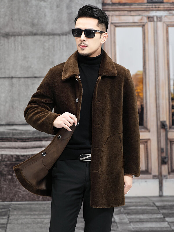 2023 남성용 긴 턴다운 칼라 코트, 남성용 진짜 양털 재킷, 두껍고 따뜻한 진짜 모피 겉옷, P503, 겨울 패션