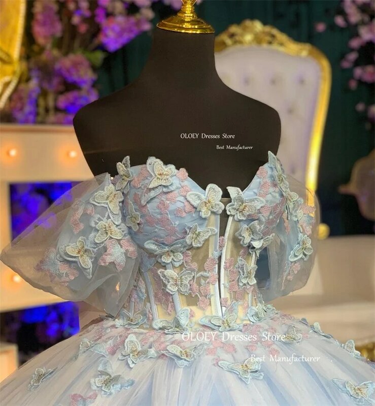 OLOEY Luxury Baby Blue Quinceanera Dresses Off Shoulder 3D Flowers Sleeves Party Dress Luxury Princess 16 Sweet Girls Birthday