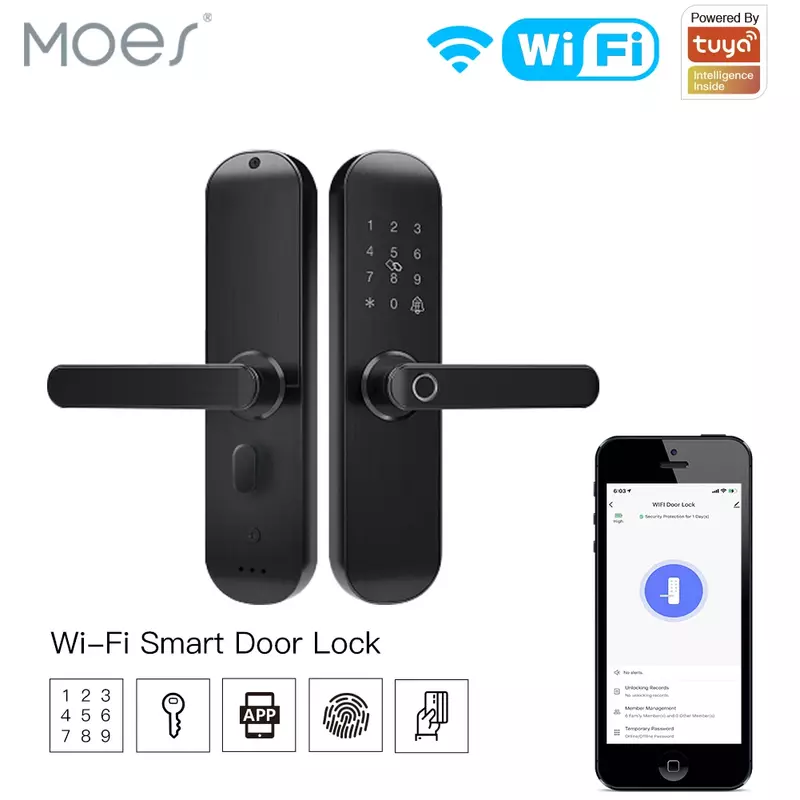 MOES-Tuya Smart Door Lock with Wi-Fi, desbloqueio múltiplo, bloqueio de impressão digital, senha do aplicativo, RFID, alimentado por bateria