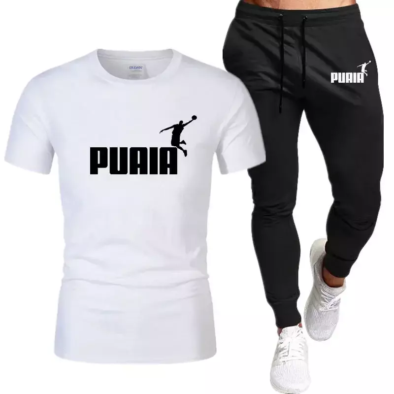 Setelan olahraga kasual pria, dua potong T-Shirt dan celana Musim Panas 2024, pakaian olahraga jogging lengan pendek katun murni modis bermerek