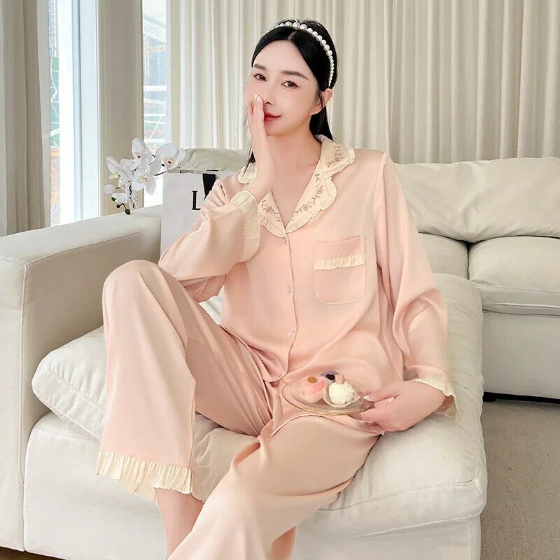 Pajama Women Long Sleeve Lapel Cardigan Sexy Lace Simple Loungewear Set Summer Satin Silk Pyjamas Young Ladies