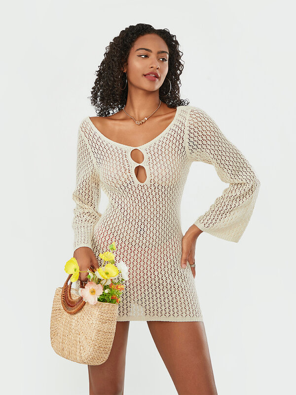 Mini robe en tricot au crochet pour femme, découpe transparente, col en V, manches longues, robe courte dos nu, couvertures de nageur, été