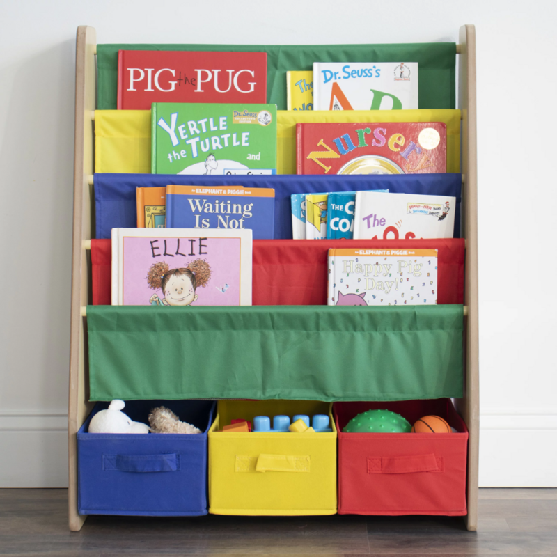 Bibliothèque en bois naturel pour enfants, 4 étagères, 3 bacs en tissu, primaire, neuf, 2023