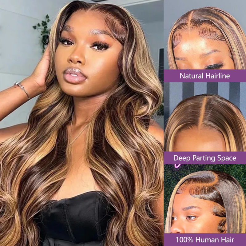 Loira Highlight Body Wave Lace Front Wig para Mulheres, Cabelo Humano Brasileiro, Ombre Colorido, 13x4, 13x6, HD Lace Frontal Wigs, 4/27