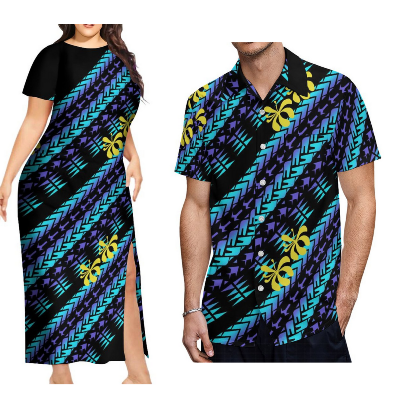 男性と女性のための半袖ドレス,スリットのあるロングドレス,ポリネシアの部族のデザイン,夏のコレクション