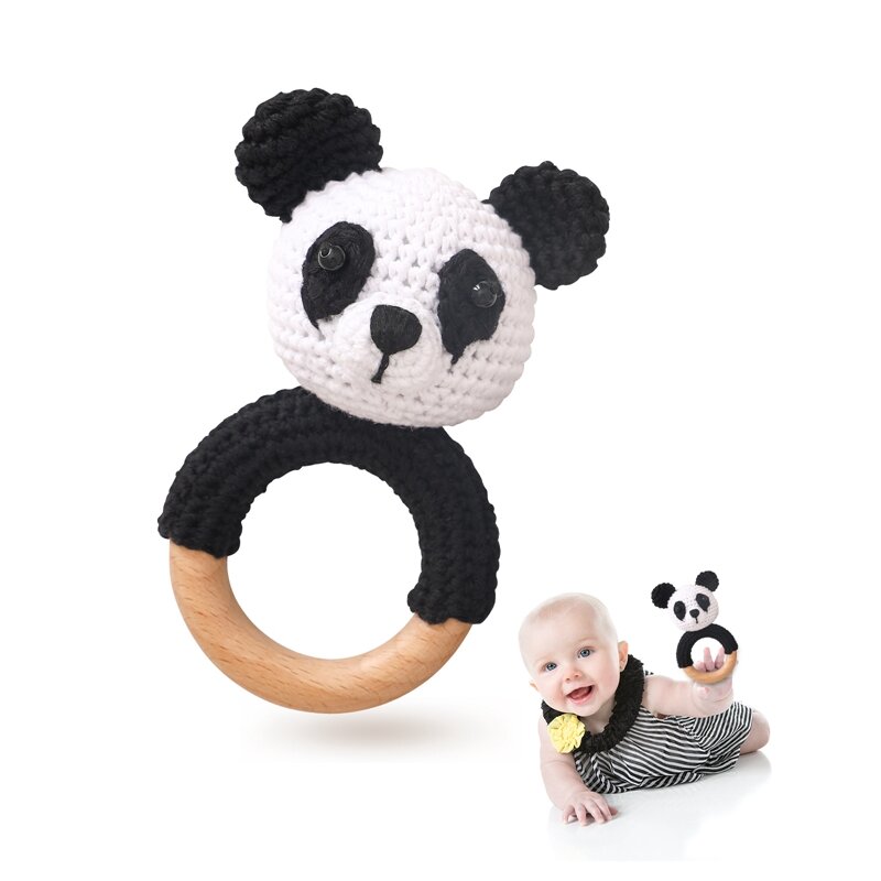 Pasgeboren Baby Rammelaar Cartoon Dier Gehaakte Panda Rammelaar Sensorische Speelgoedgrijper Training Speelgoed Baby Houten Bijtring Kinderen Cadeau