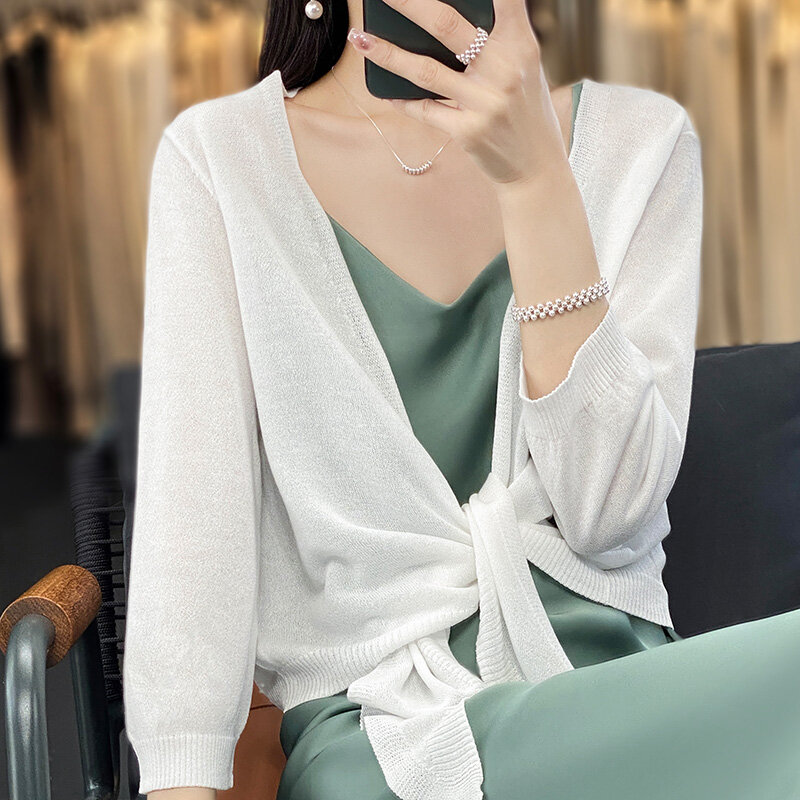 Cardigã de malha de seda gelo feminino, camiseta fina solta sem botão, blusa de proteção solar, moda coreana 7, 4 mangas, verão