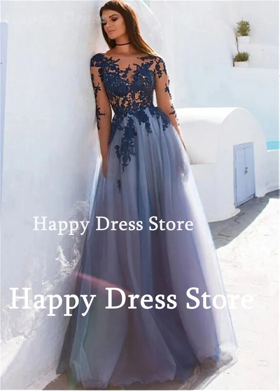 Illusion O-Neck Prom Dress Long Sleeves Formal Evening Dress Floral Appliques Wedding Party Dress A-Line Tulle Bridesmaid Dress