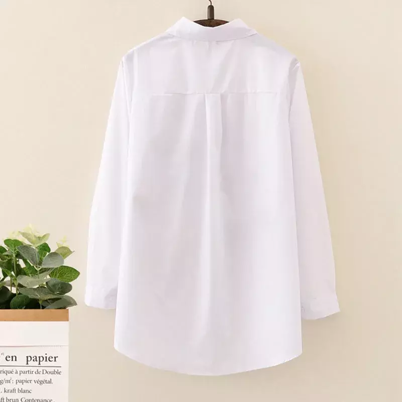 Blusa de algodão bordado de manga comprida feminina, gola virada para baixo, design casual de botões, branca, nova, camisa feminina, senhora, 2024, 2023