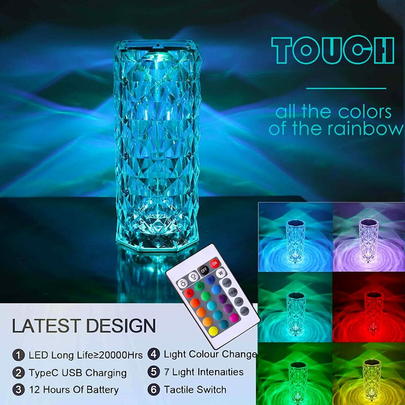 Recarregável RGB Rose LED Night Light, Mudança de cor, Crystal Touch Table Lamp, Bedroom Nightstand, Decoração do Natal, 16 cores