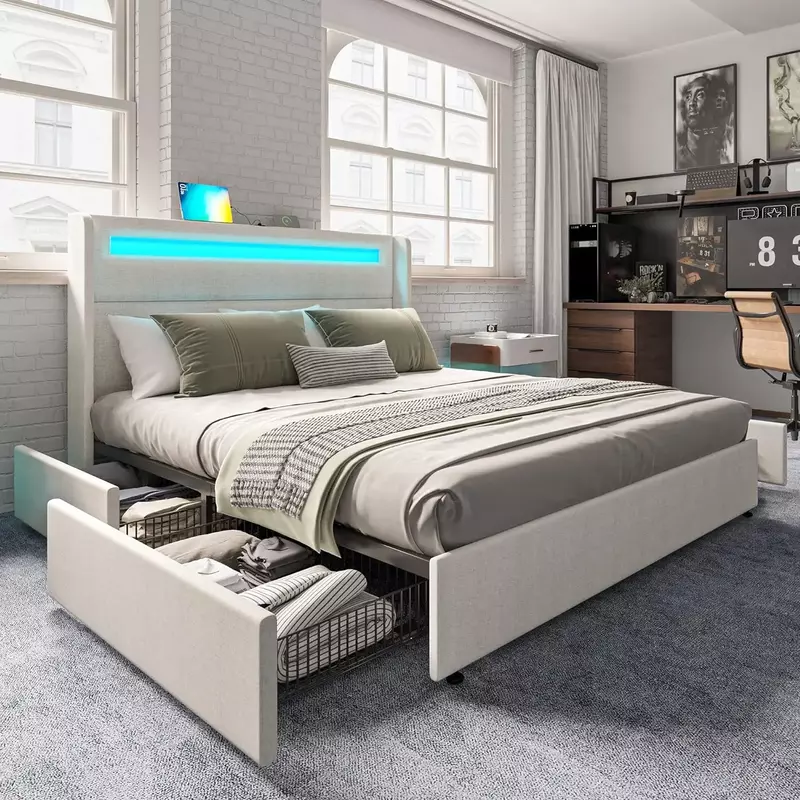 إطار سرير كينج مع مصابيح LED RGBW ، 4 أدراج تخزين ، منصة ذكية منجدة ، منفذ USB ومنافذ