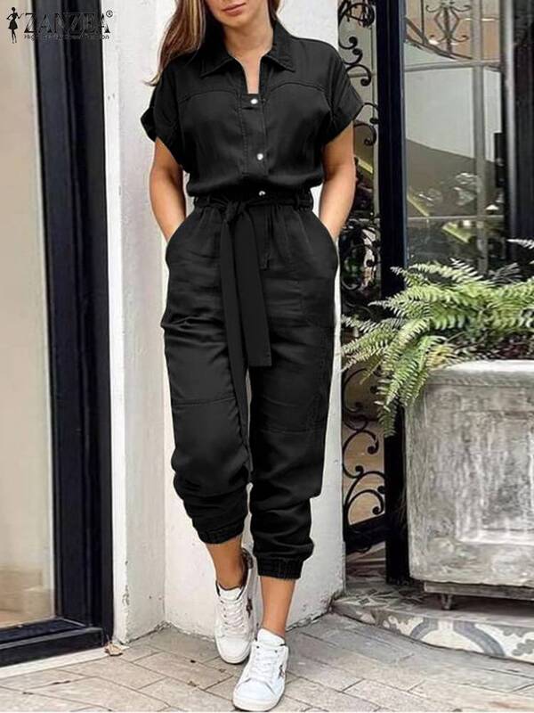 ZANZEA Women Overall Summer Fashion Cargo Jumpsuits Lapel Short Sleeve Rompers Elegant Lady Playsuits Vintage Work Pants Belted